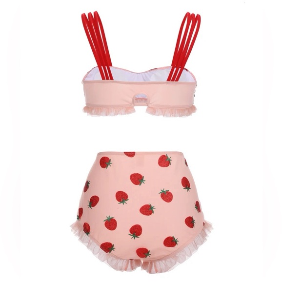 High waisted retro-style strawberry two piece bathing suit - Picture 2 of 2